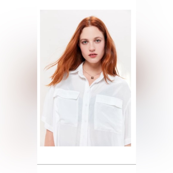 Oversized lightweight basic white button down. Silky material , a bit sheer - Picture 1 of 3